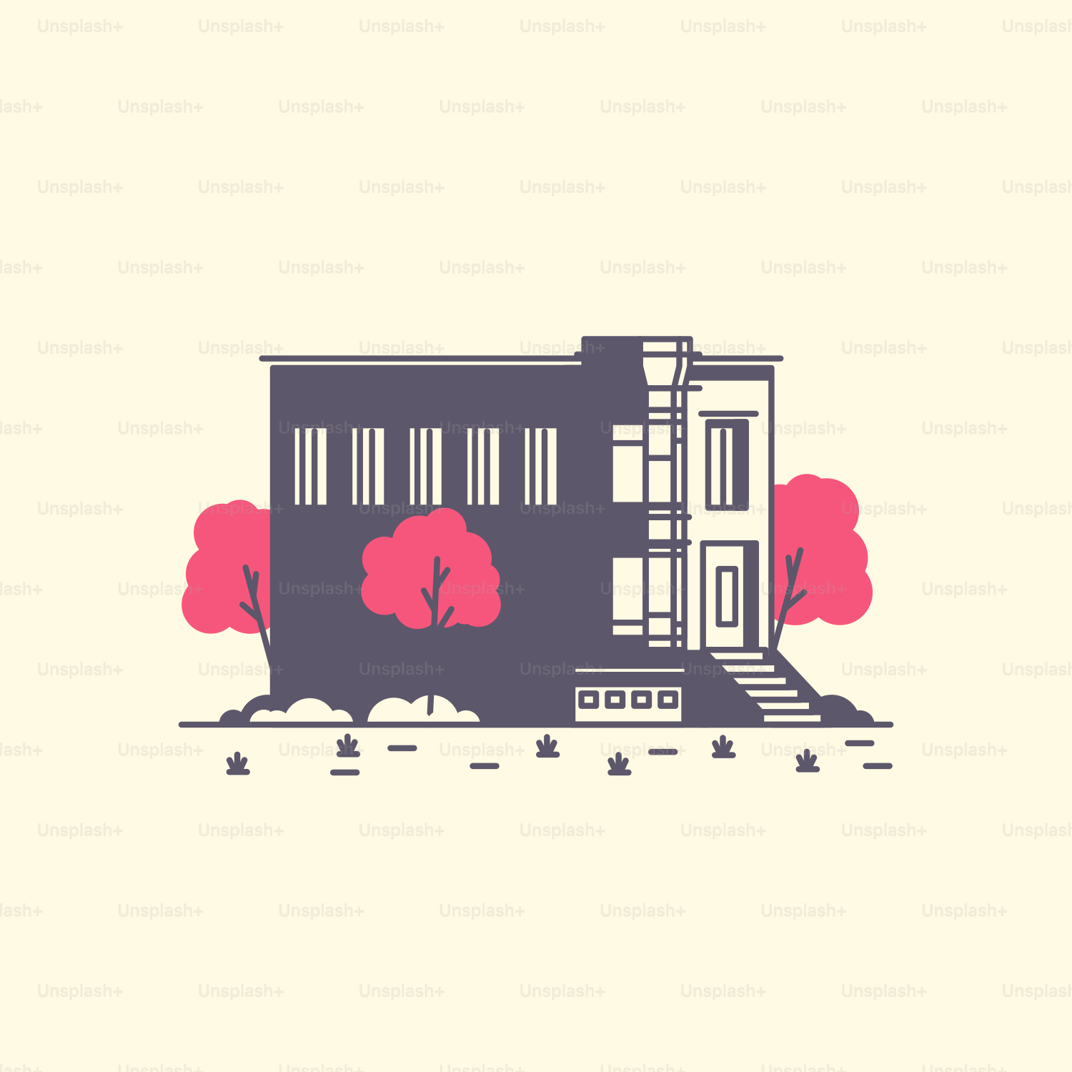 A drawing of a building with trees in the background