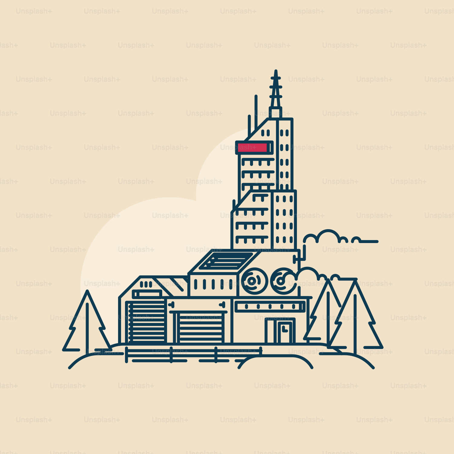A drawing of a building with a flag on top of it