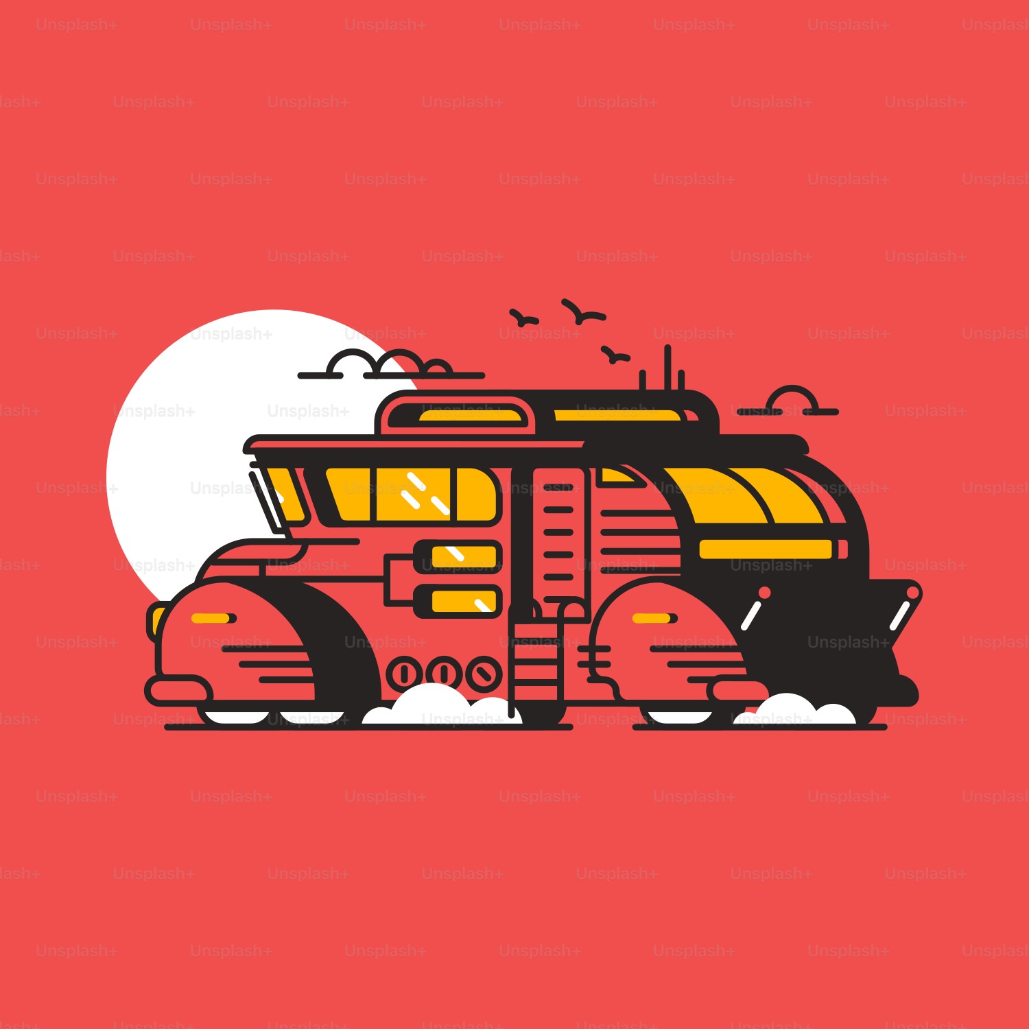 A red background with a black and yellow train on it