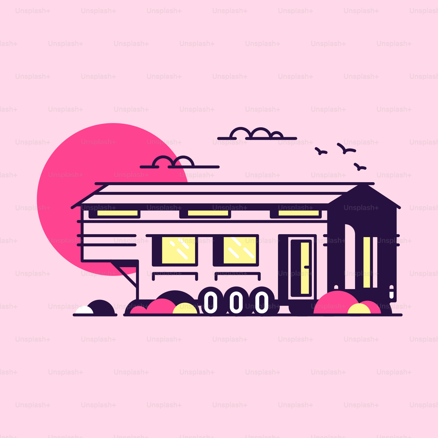 A mobile home with a pink background