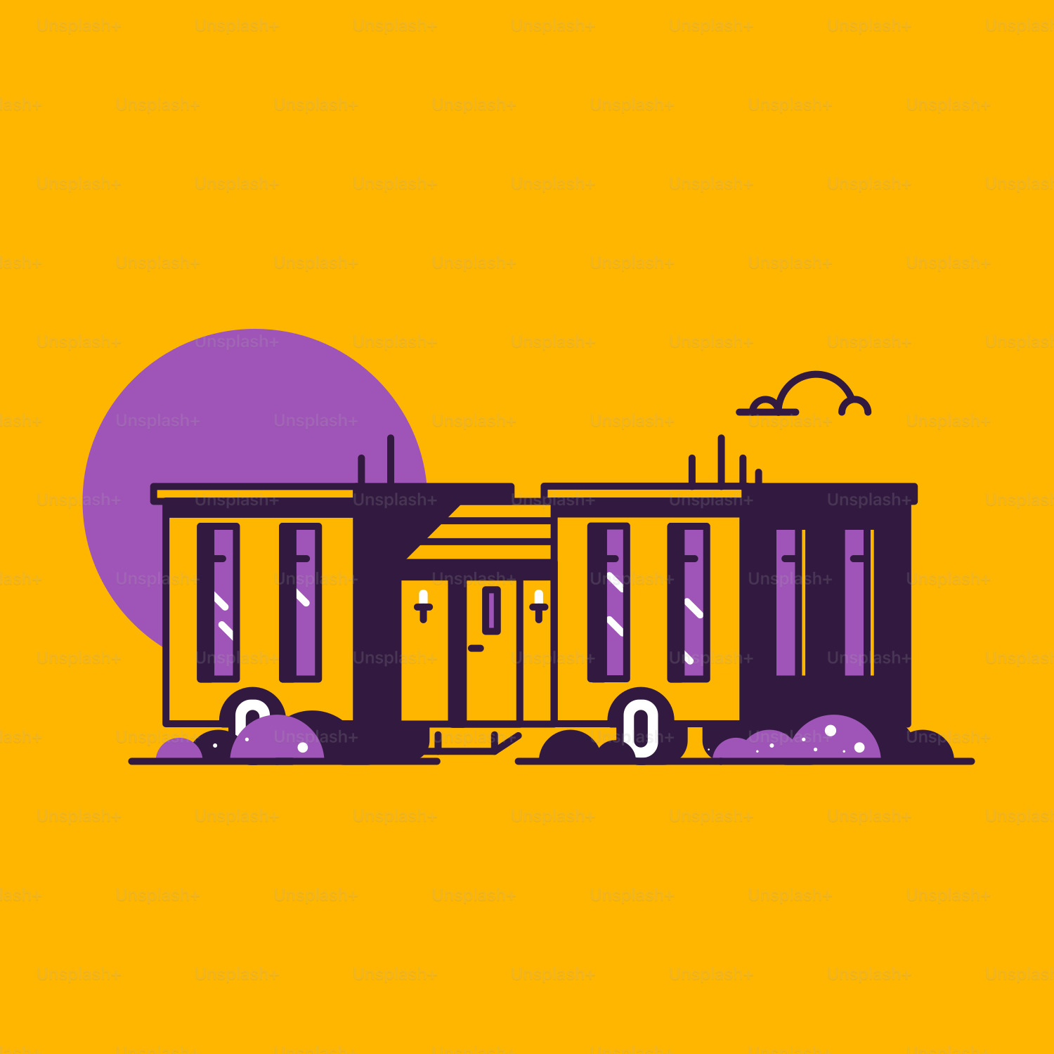 A picture of a yellow building with purple accents