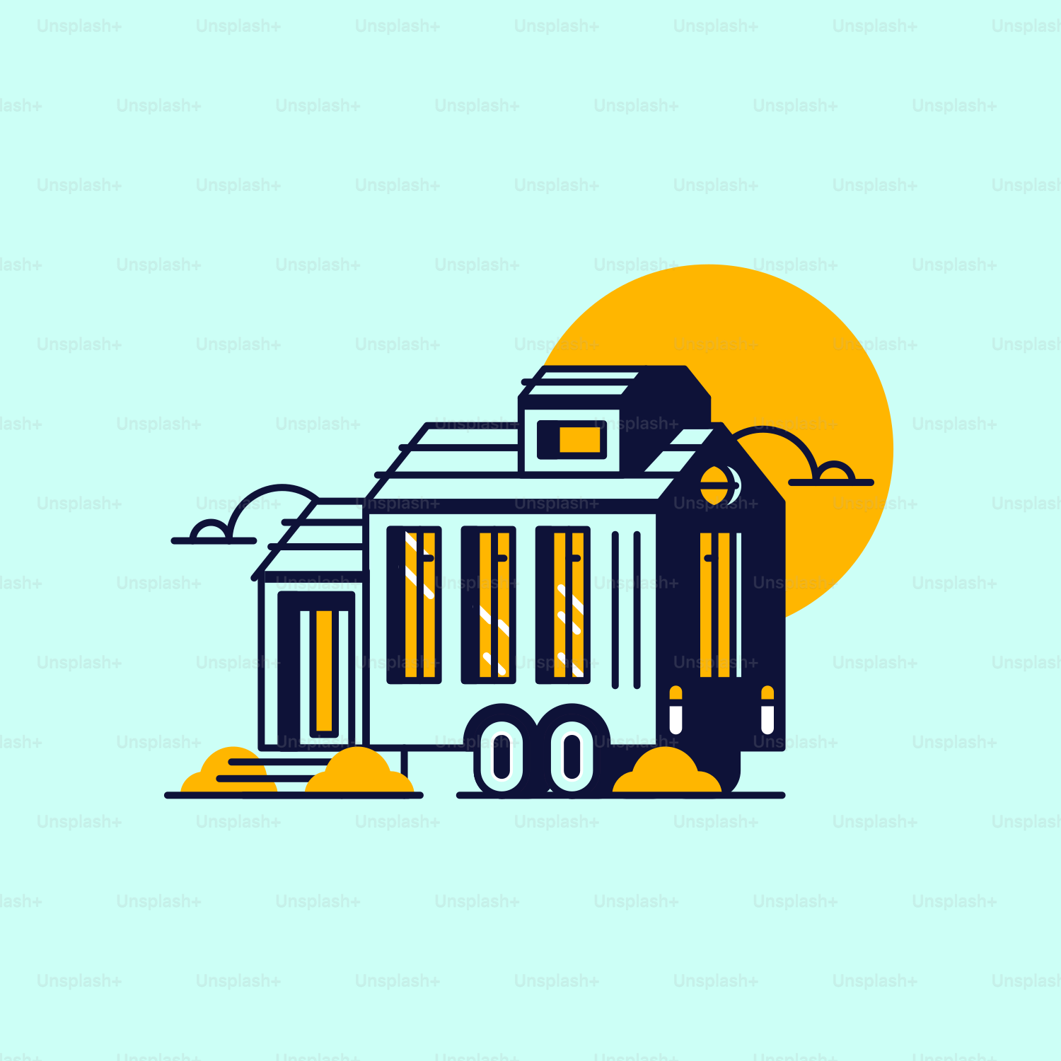 A small house with a yellow sun in the background