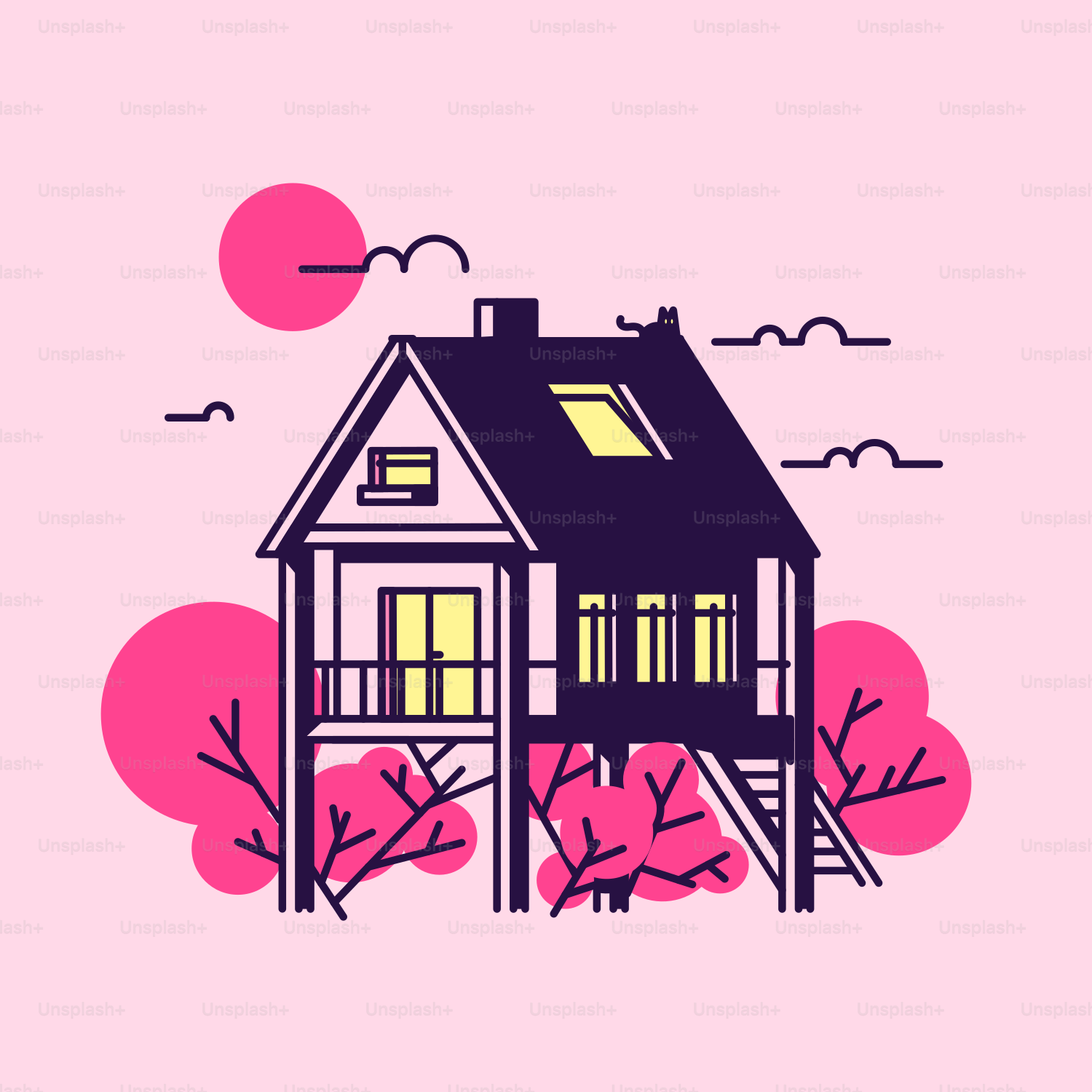 Un fond rose avec une photo d’une maison