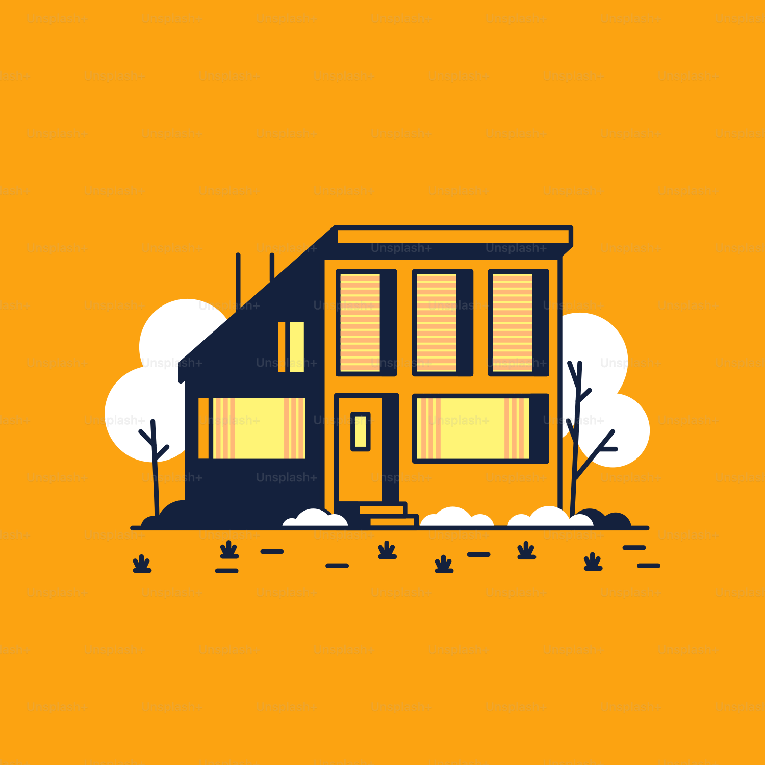 Ein gelber Hintergrund mit einem schwarz-weißen Haus