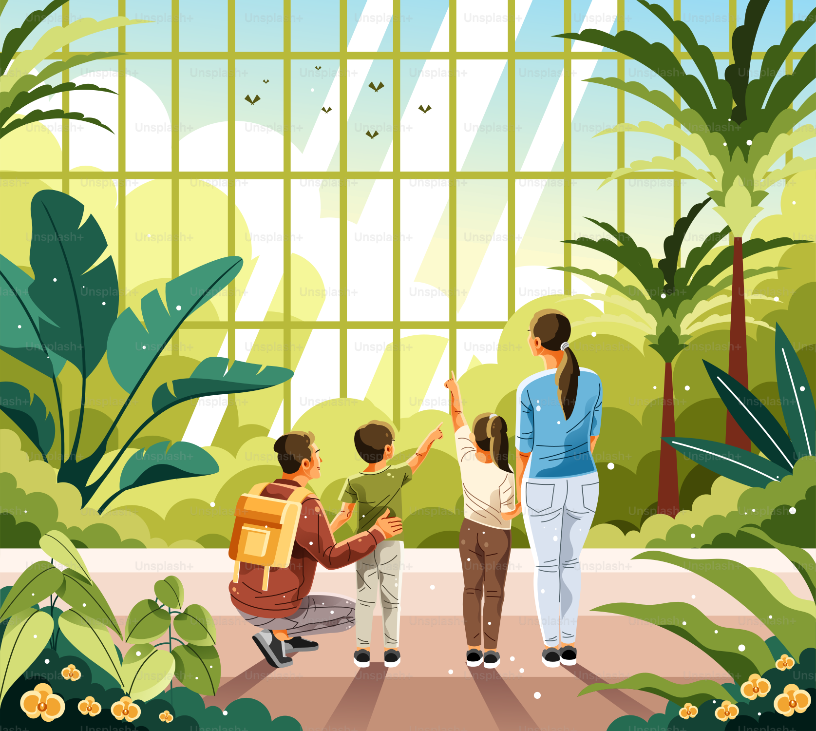 A group of people standing in front of a window