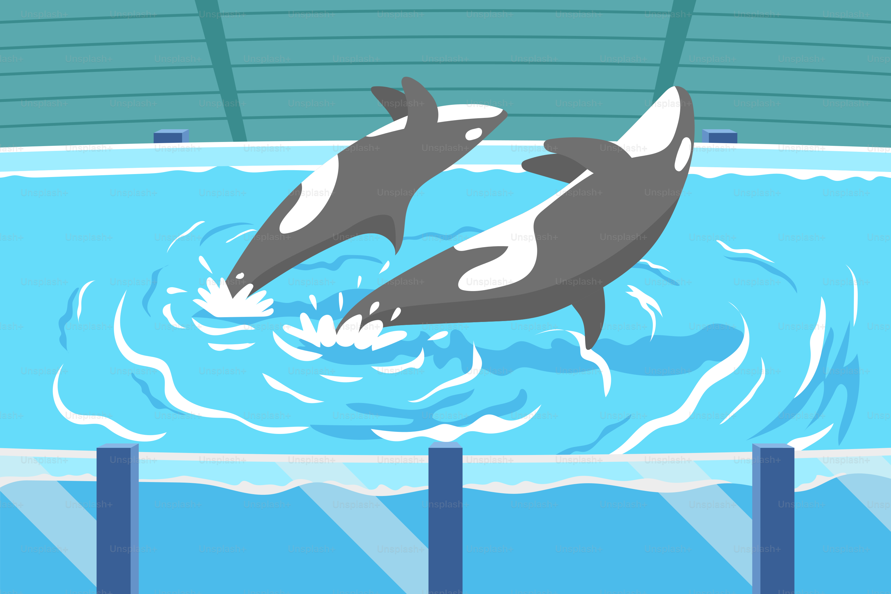 A couple of dolphins are playing in a pool