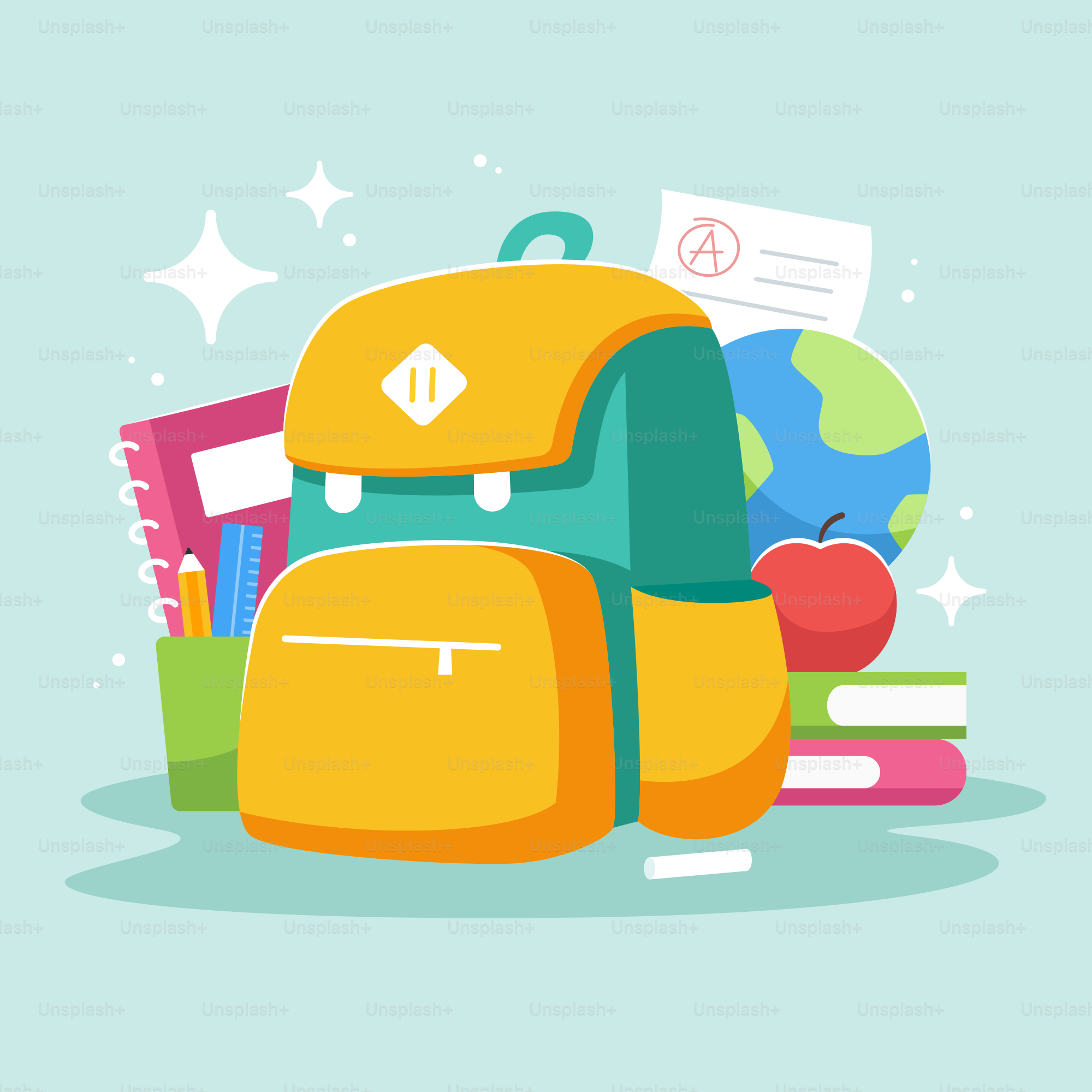 A backpack with books and an apple on top of it