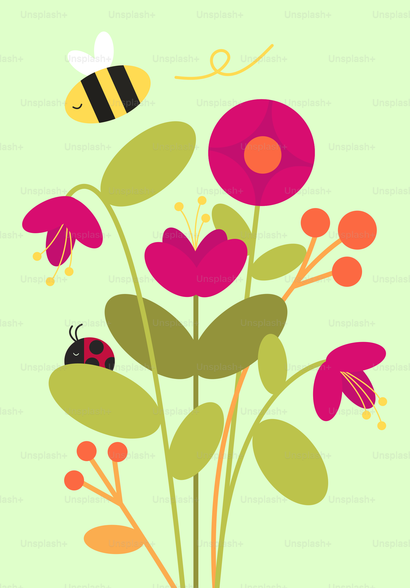 A bee flying over a bunch of flowers