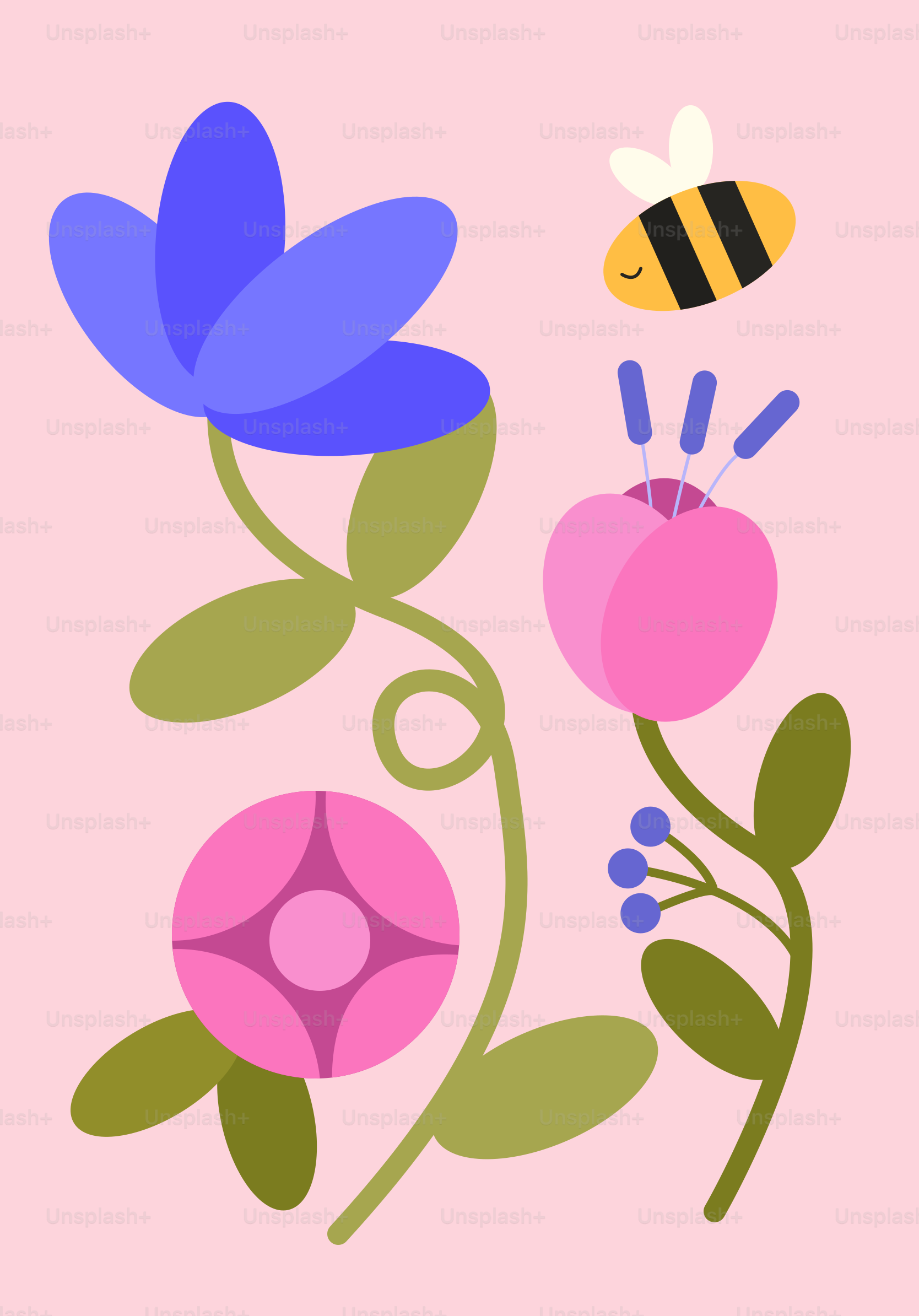 A flower and a bee on a pink background