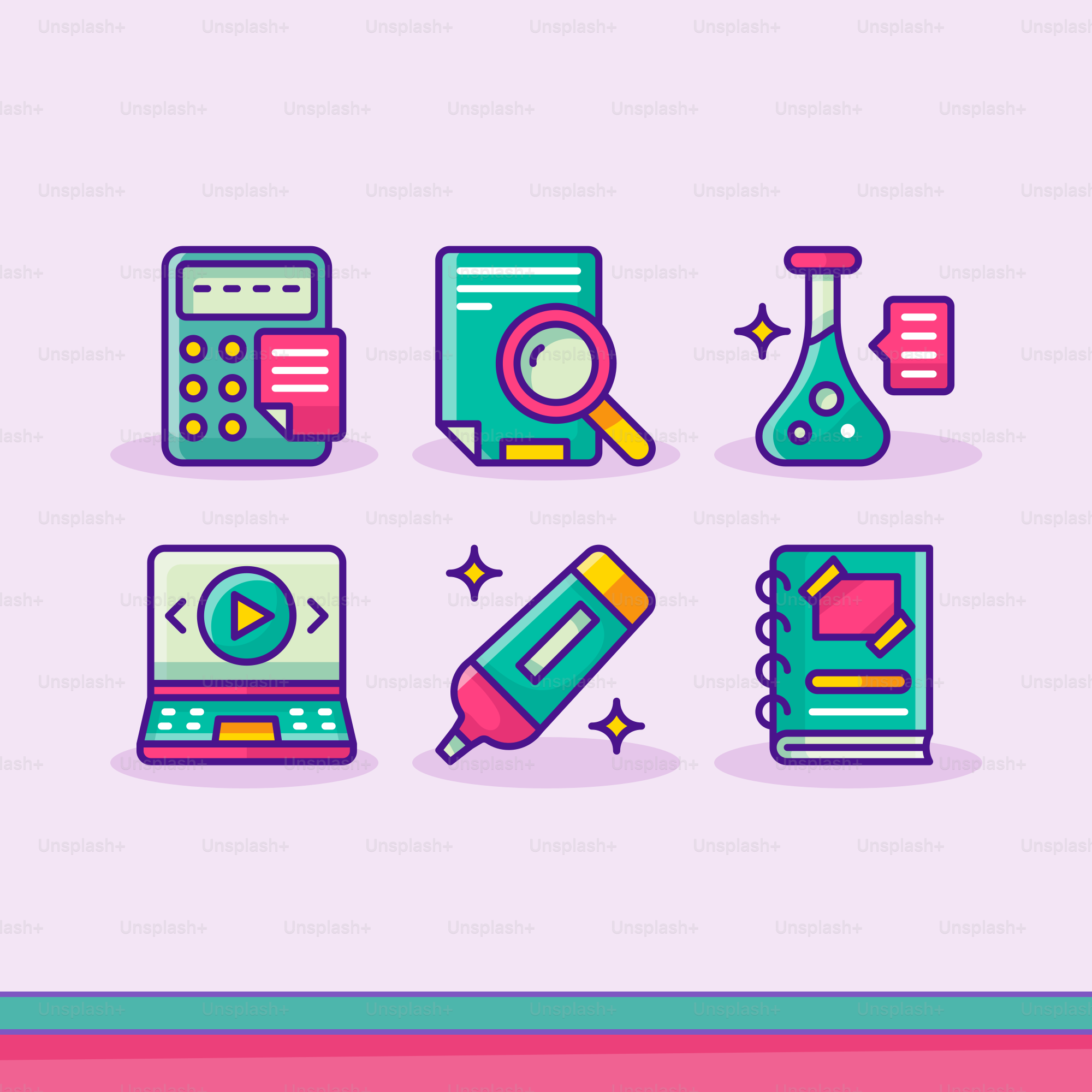 Un set di icone colorate a linee piatte su uno sfondo rosa