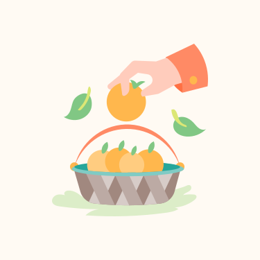 A hand reaching for an orange in a basket