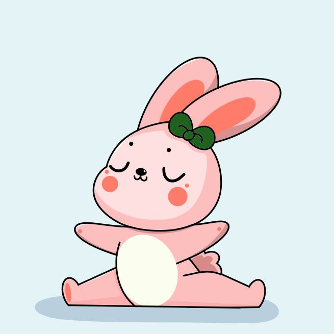 A pink bunny with a green bow sitting on the ground