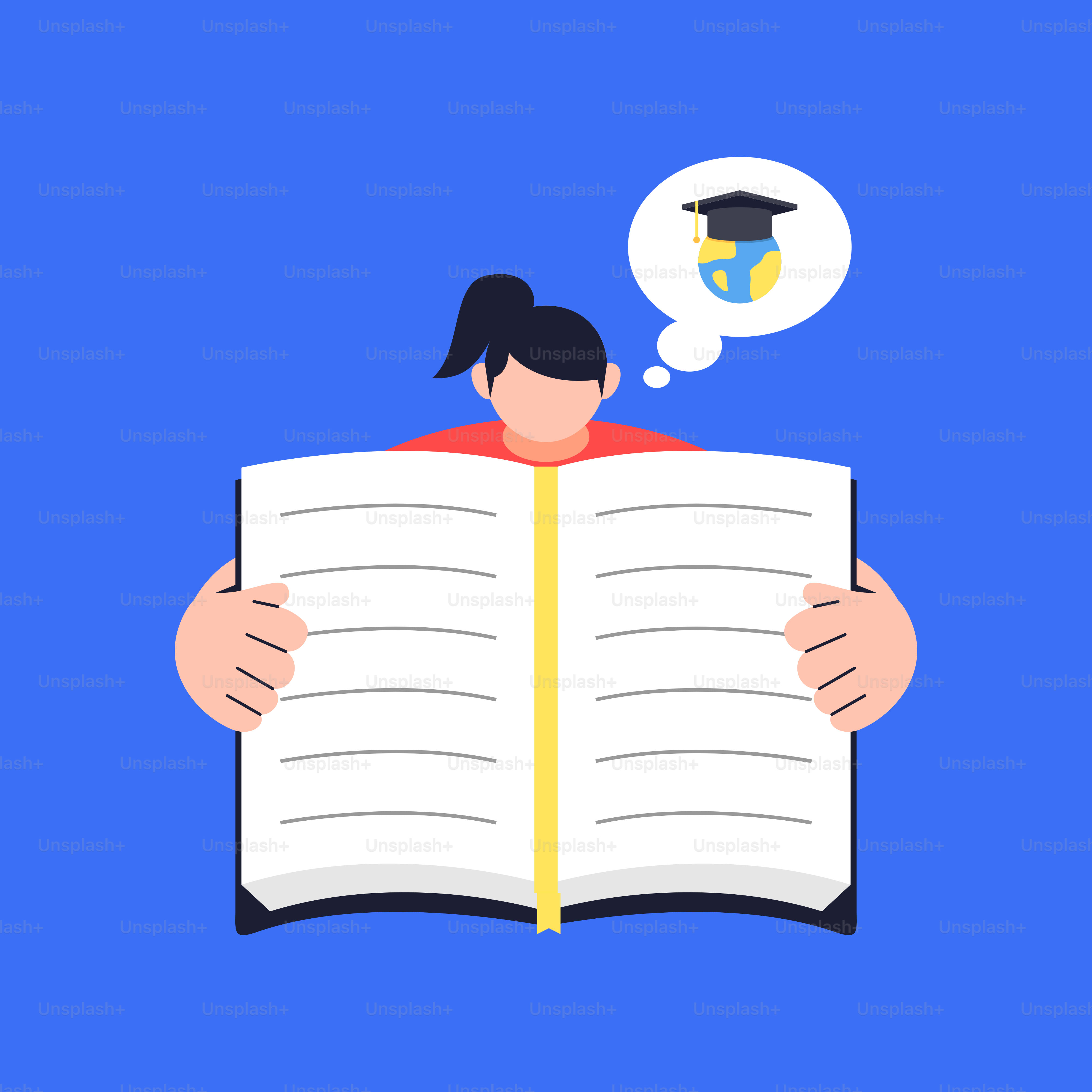 Uma mulher lendo um livro com um balão de pensamento acima de sua cabeça