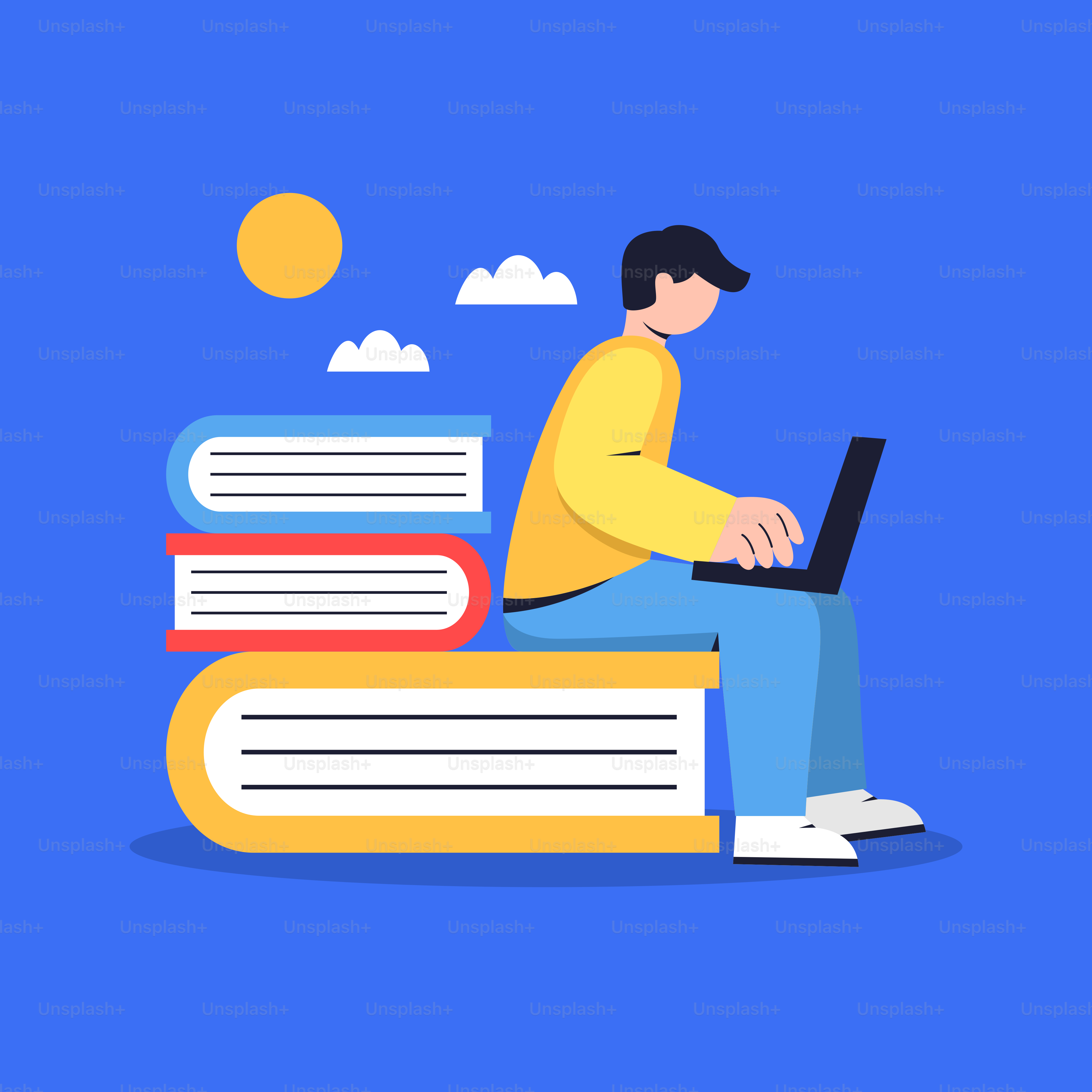 ノートパソコンを手に本の山に座る男