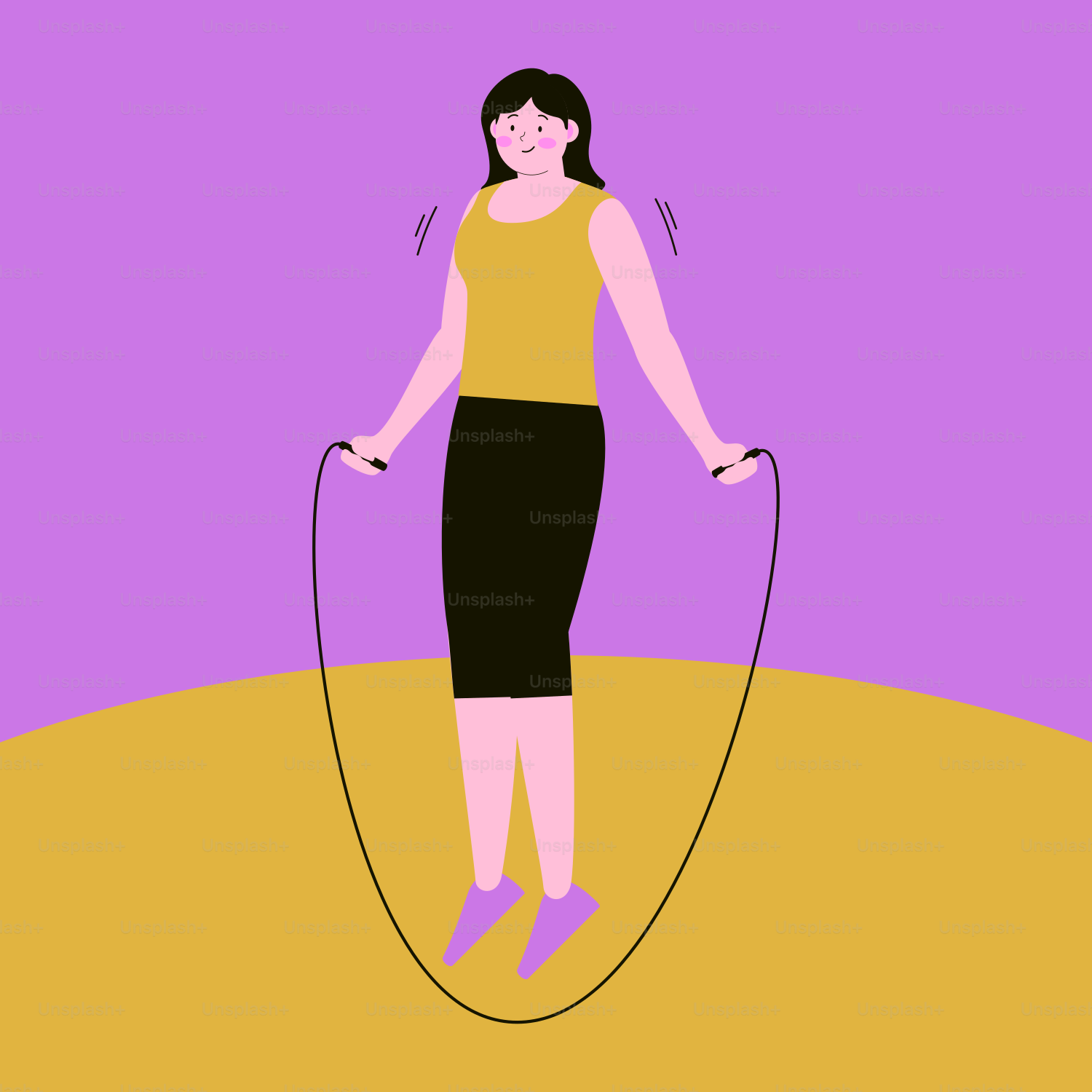 Eine Frau in einem schwarz-gelben Kleid hält ein Springseil