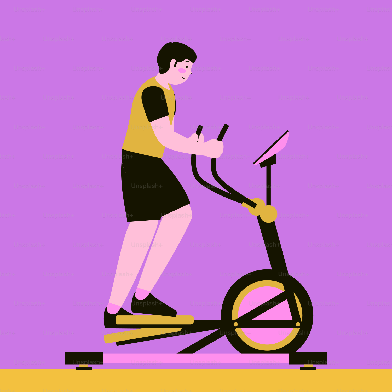 A man is riding a stationary bike on a purple background