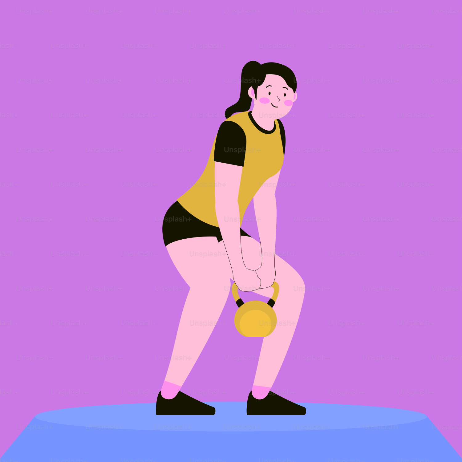 A woman holding a kettle on top of a blue platform