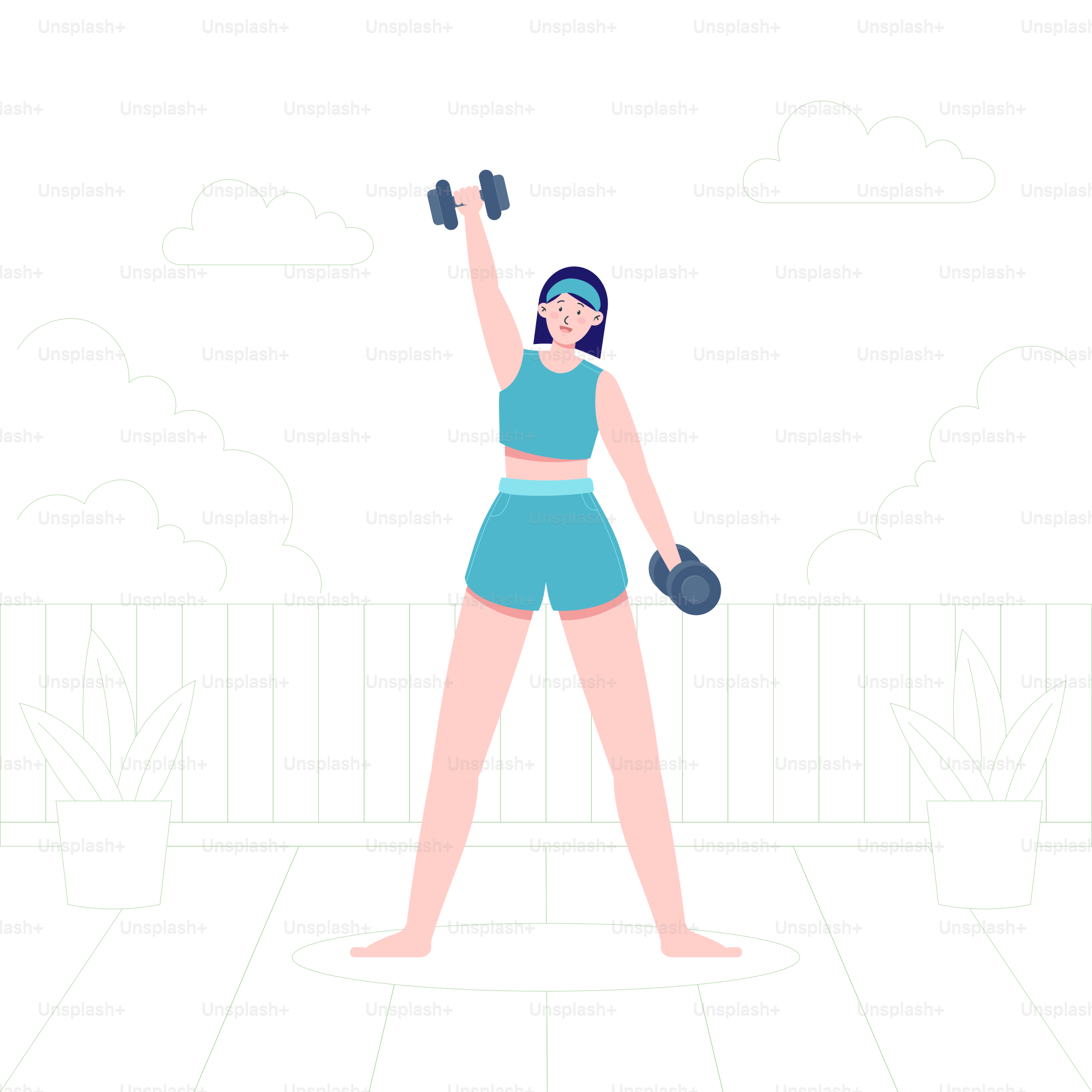 Eine Frau in einem blauen Oberteil und blauen Shorts, die Dummkopf hält