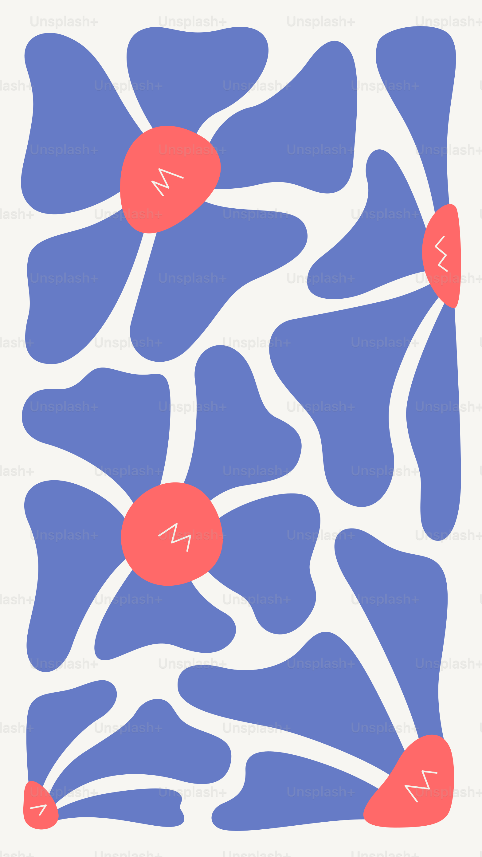 A blue and white pattern with red dots