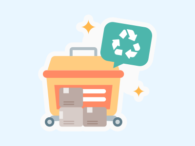 Um carrinho de compras com uma reciclagem e um balão de fala