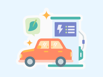 Une voiture rouge est garée devant une pompe à essence