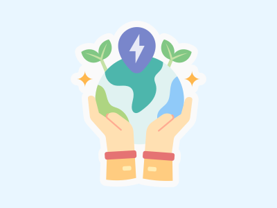 Two hands holding a globe with leaves and a lightning