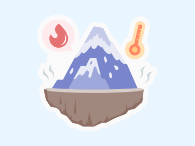 Una pegatina de una montaña con un fuego saliendo de ella