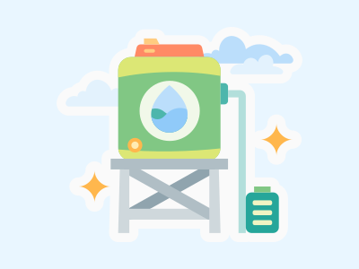 Uma ilustração de um tanque verde com um céu azul no fundo