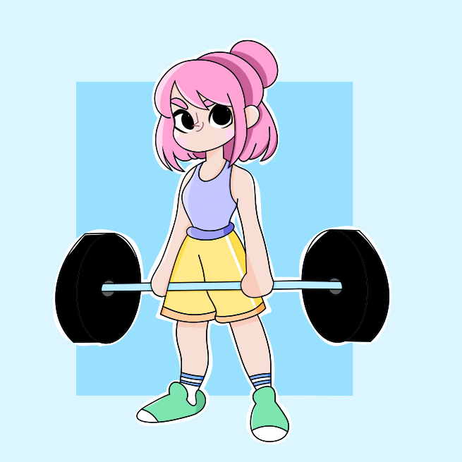 A girl with pink hair is holding a barbell