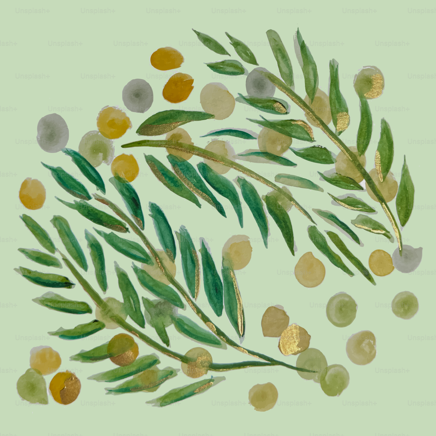 Une peinture de feuilles et de points sur fond vert