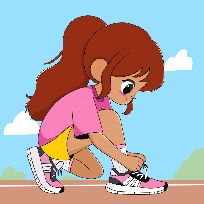 A girl crouches down to pick up a tennis ball