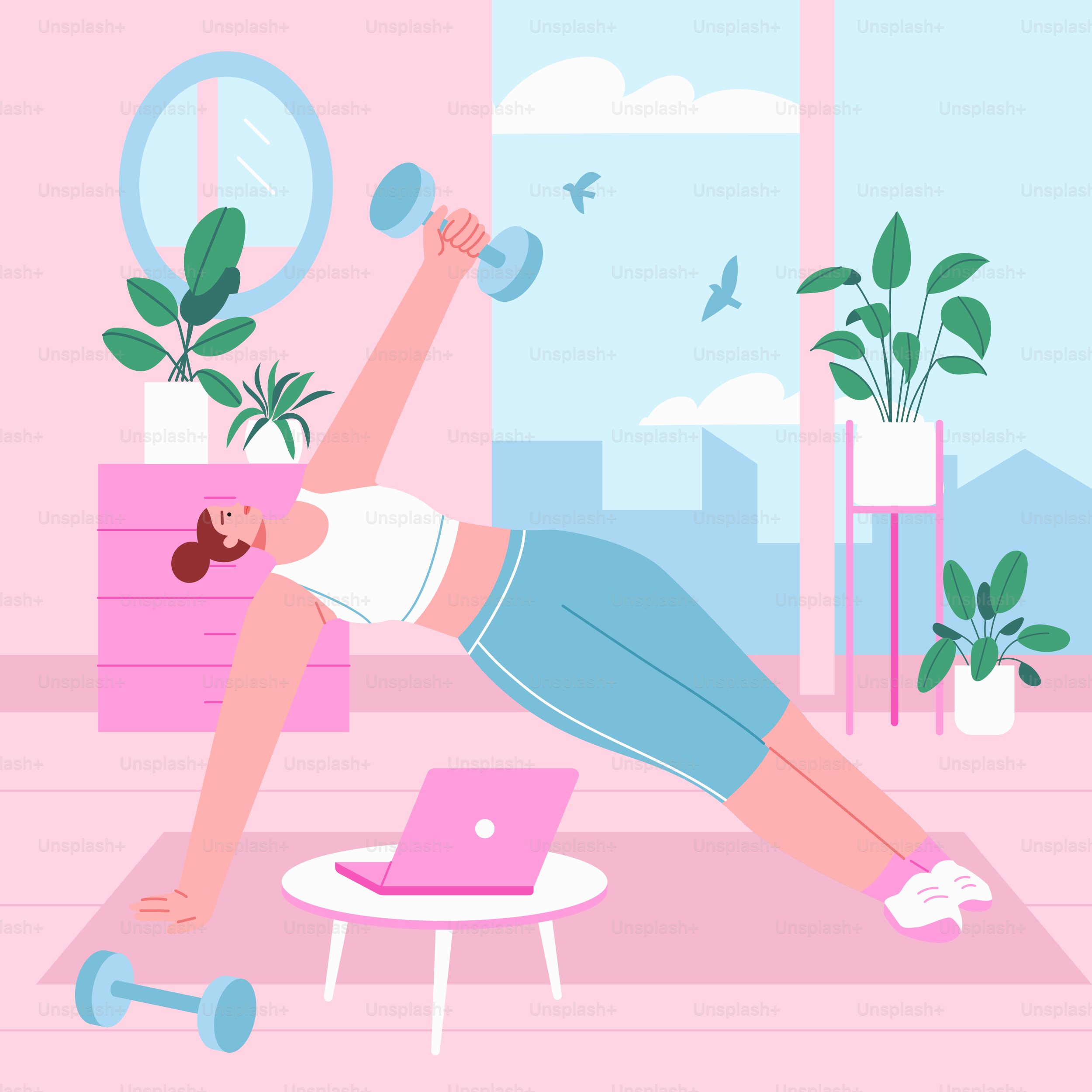 Uma mulher está fazendo exercícios com um laptop
