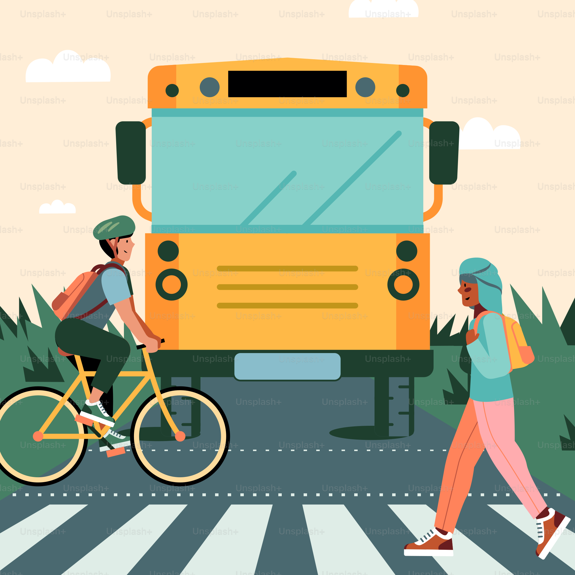 People crossing the street in front of a school bus