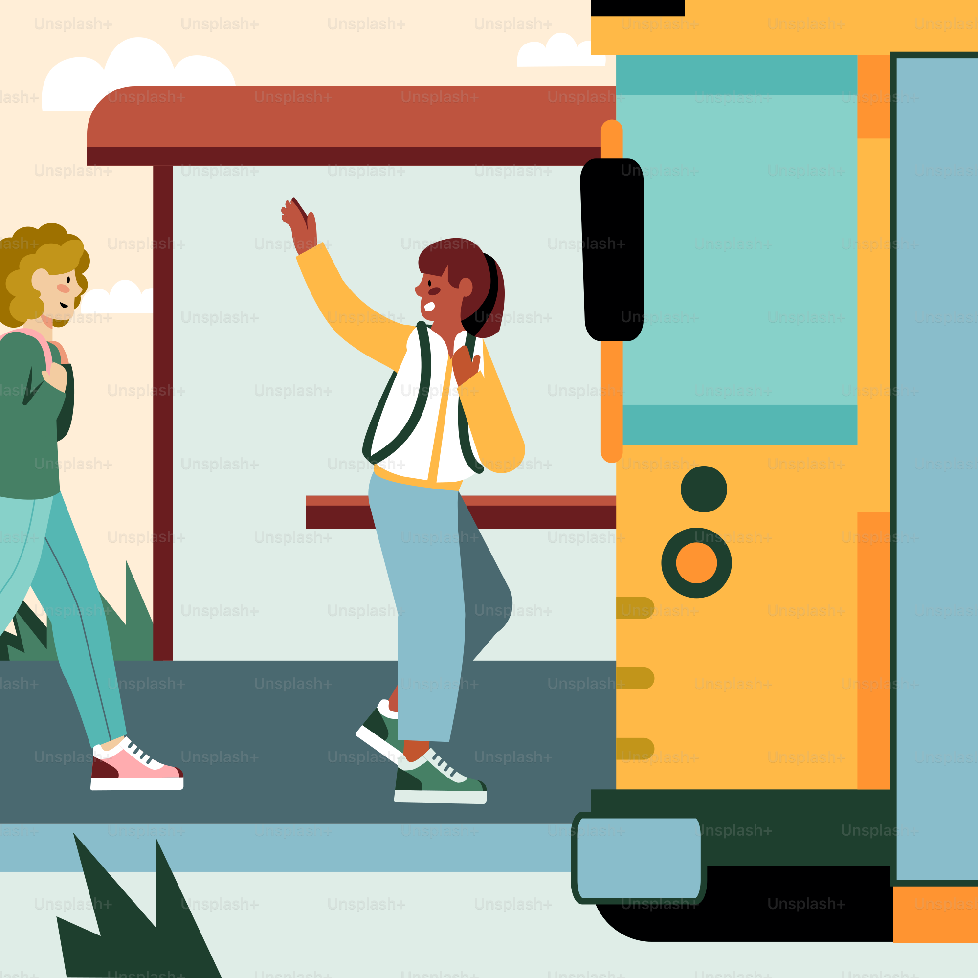 A couple of people standing next to a bus