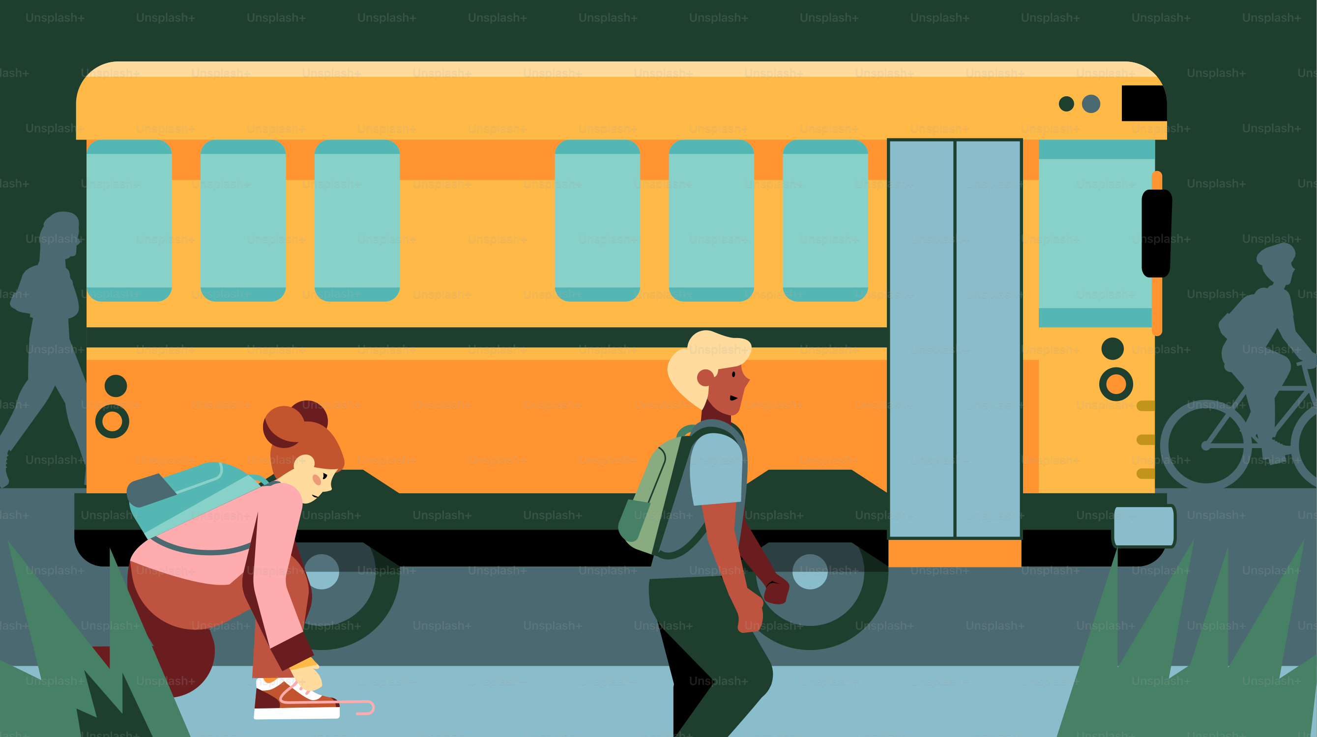 A couple of people standing next to a yellow bus