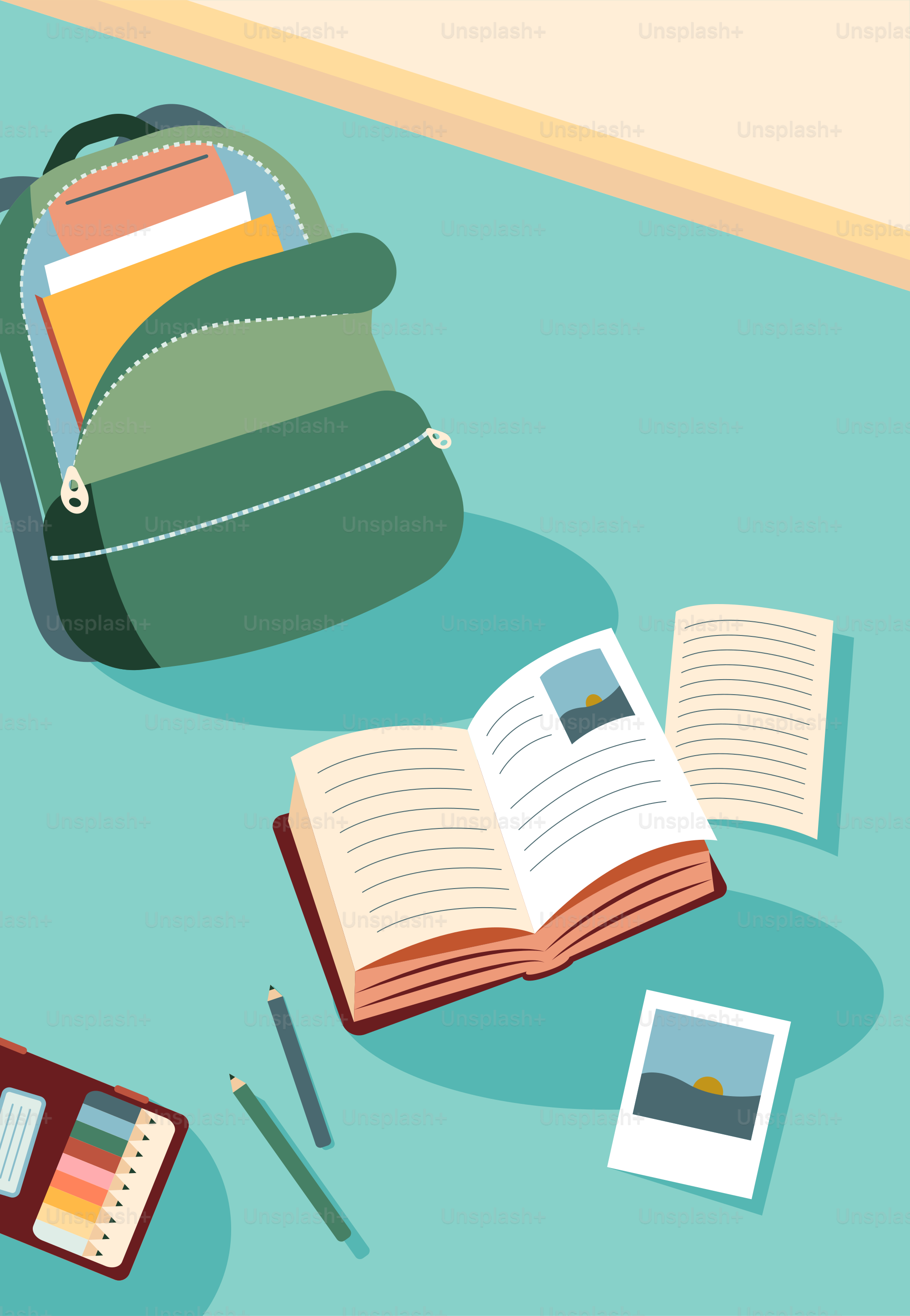 Un libro abierto, una mochila y otros objetos sobre una mesa