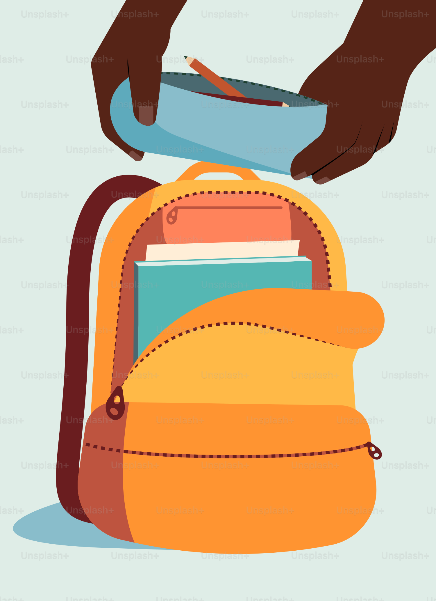 A person putting a book in a backpack