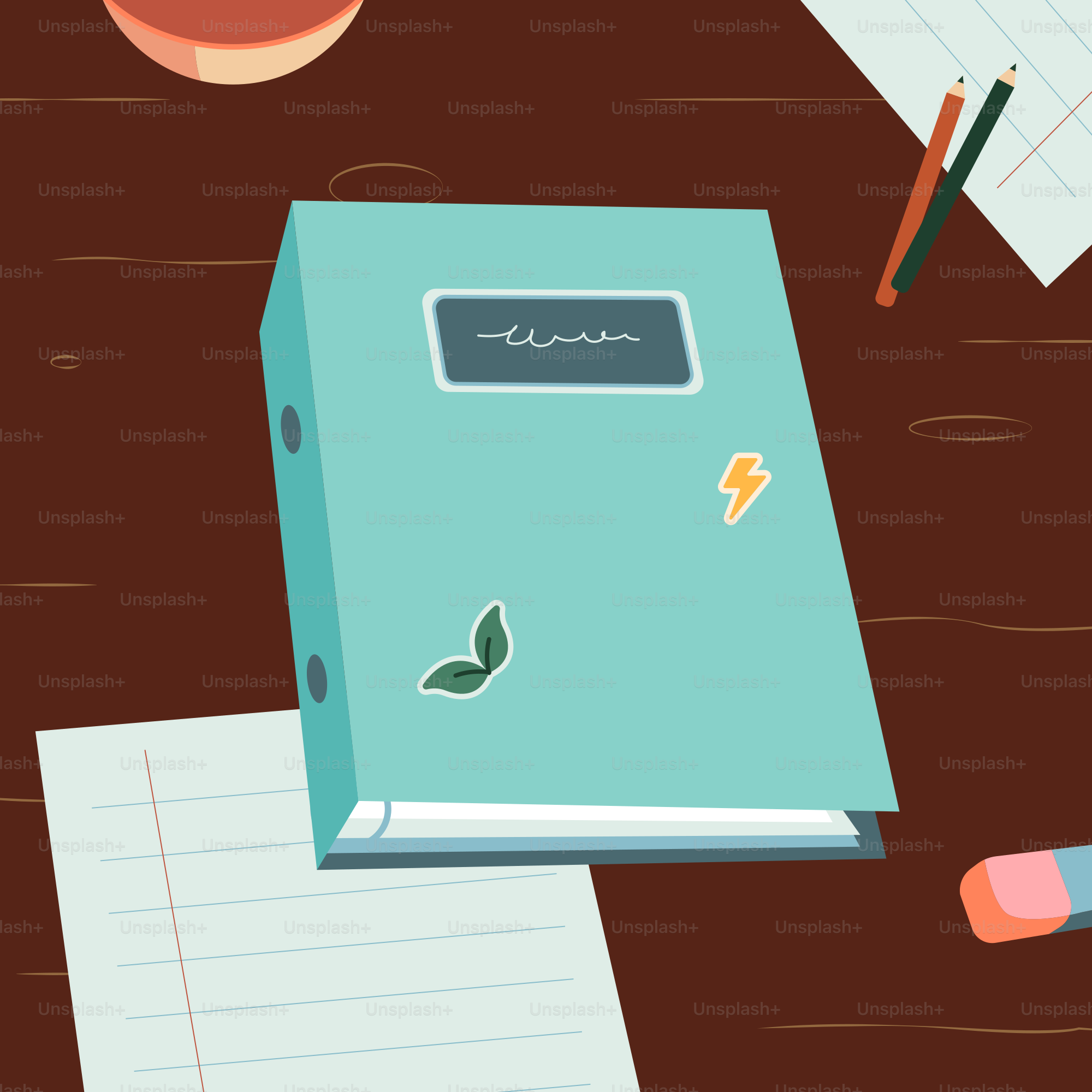 A desk with a notebook, pencils, and other office supplies