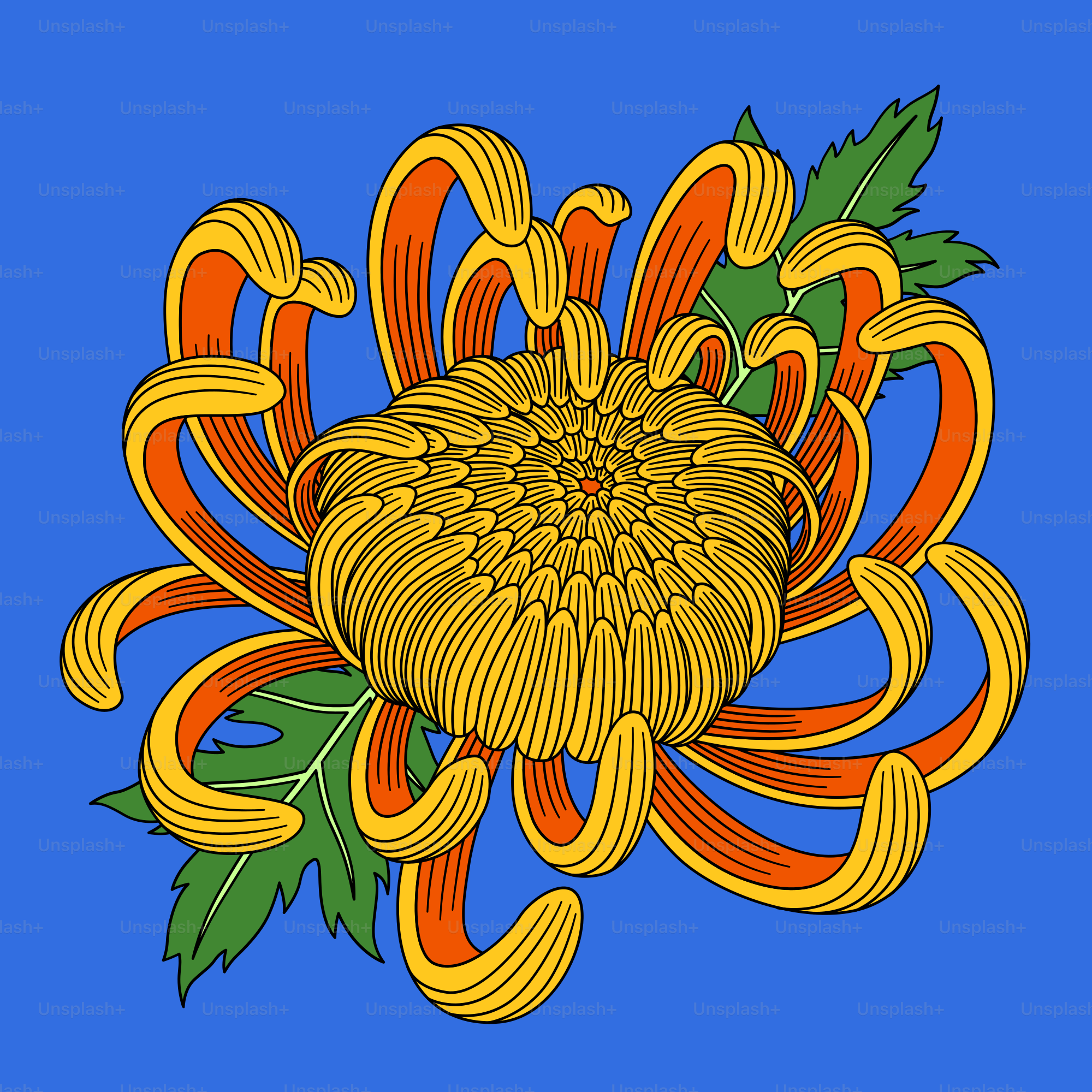 青い背景に花の絵が描かれている