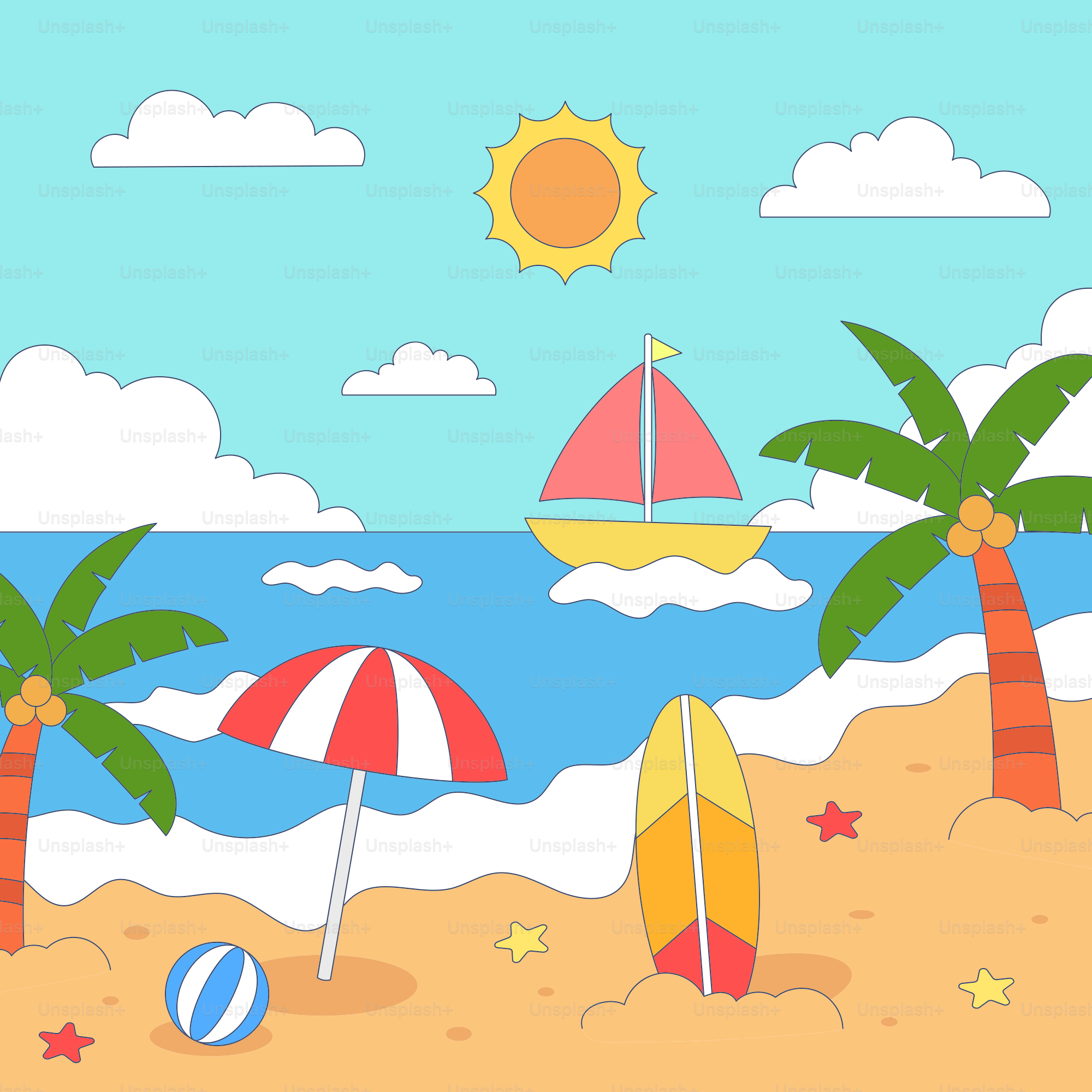 Une scène de plage avec des palmiers, un ballon de plage et un voilier