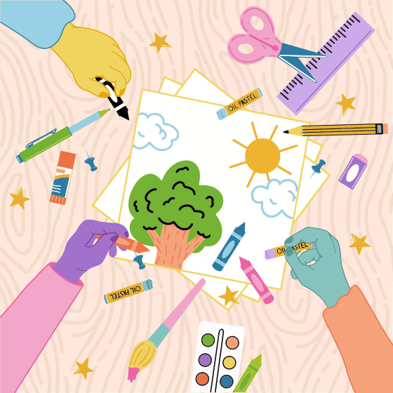 Una imagen de una obra de arte infantil con tijeras, lápices, rotuladores,