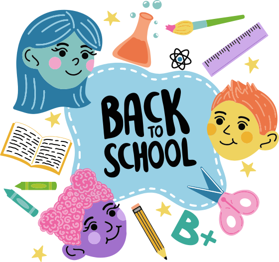 Un letrero de regreso a la escuela con útiles escolares a su alrededor