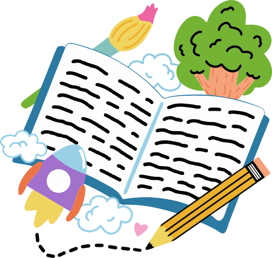 An open book with a pencil and a rocket on top of it