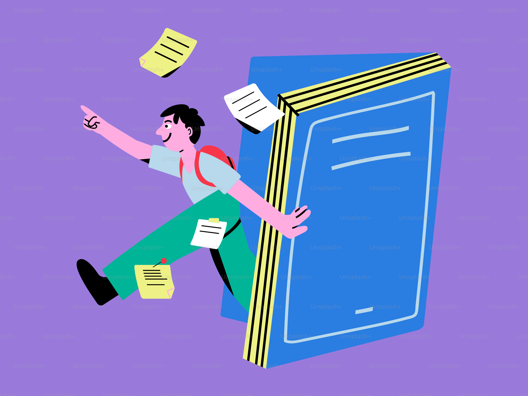 A man is running out of a book