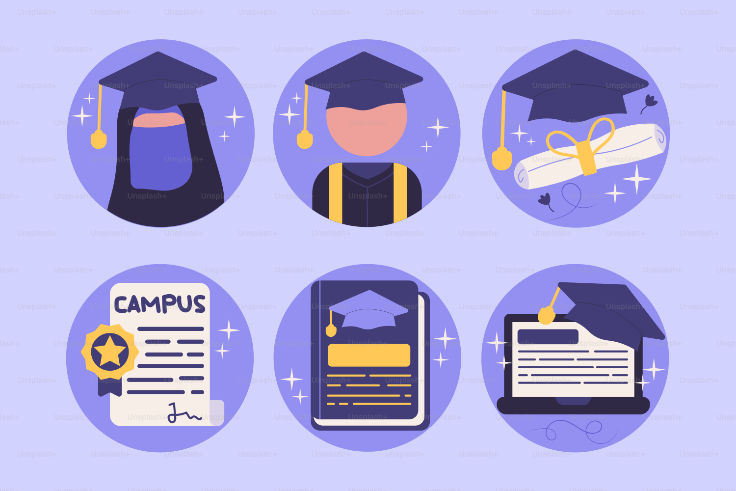 Un insieme di icone piatte di cappelli e diplomi di diploma