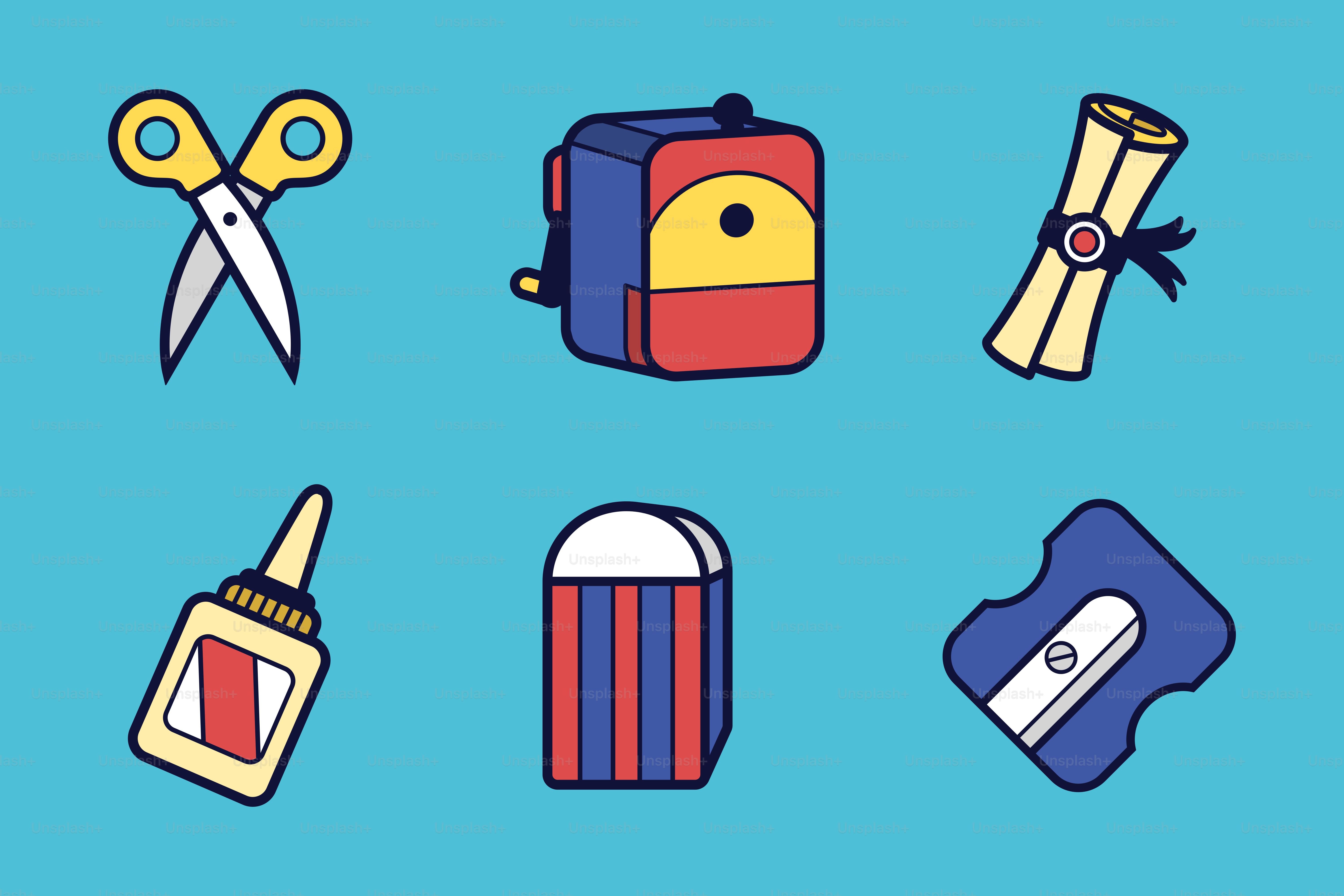 A blue background with a bunch of different items