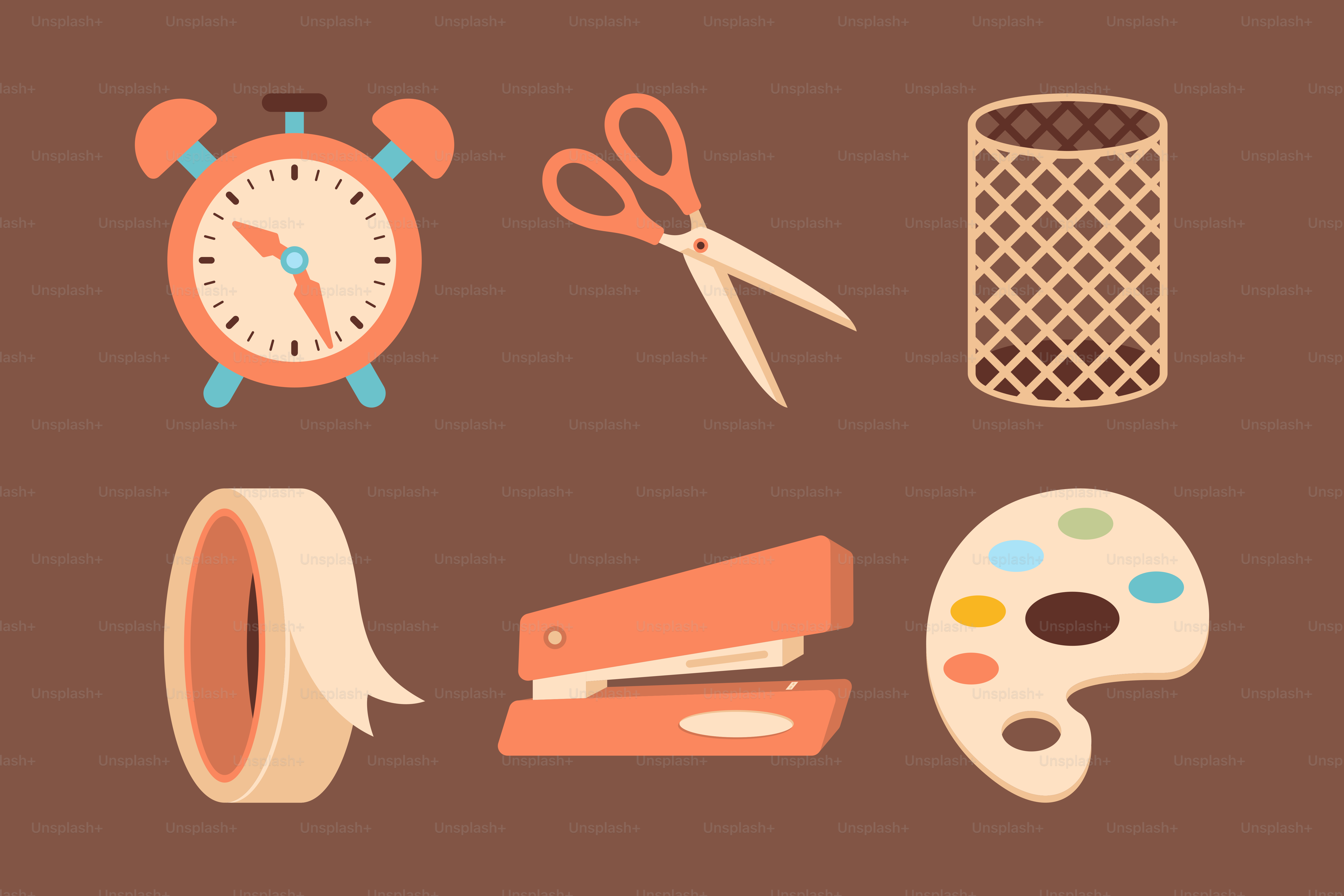 A brown background with various items that include scissors, tape, a clock, a