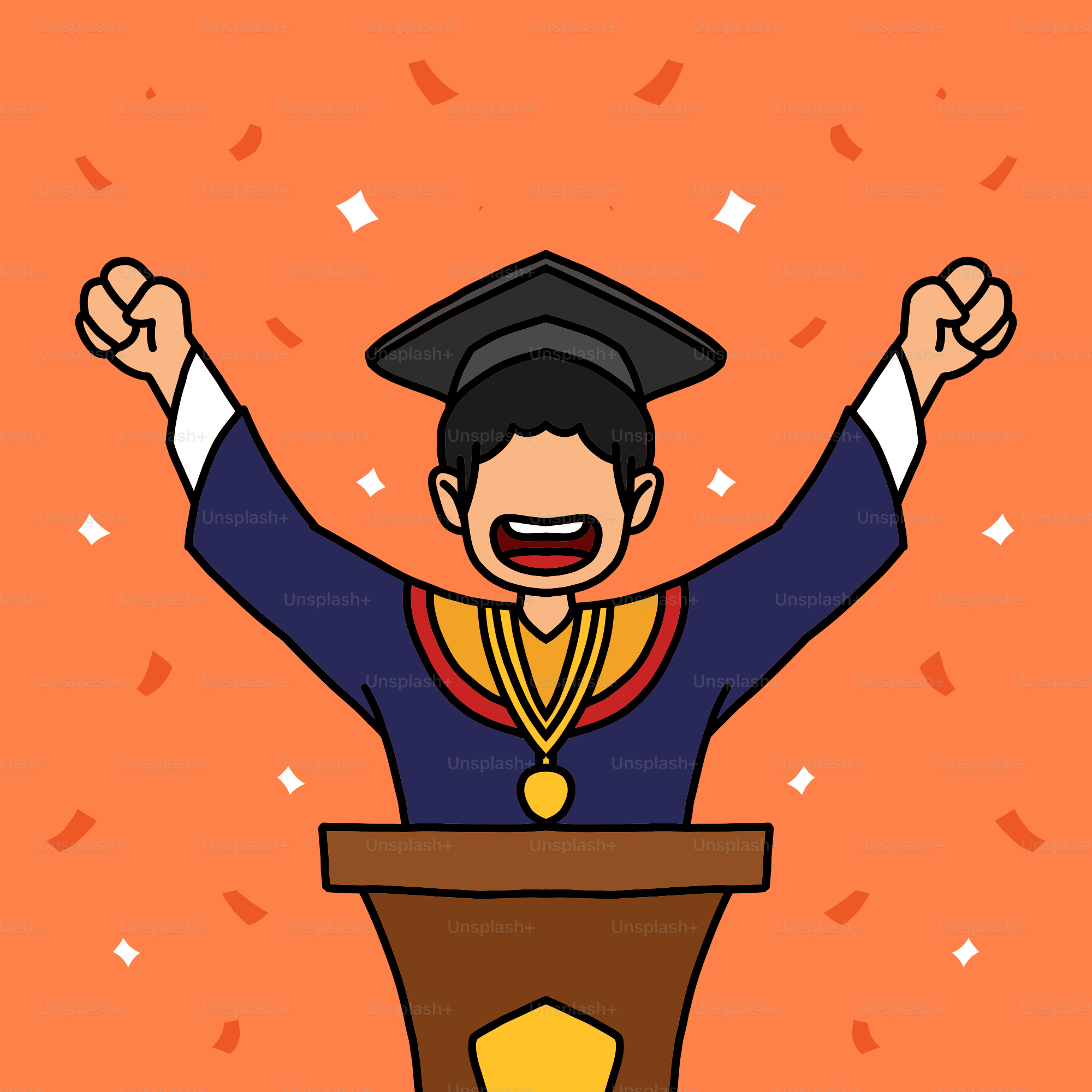 A man standing at a podium with his hands in the air