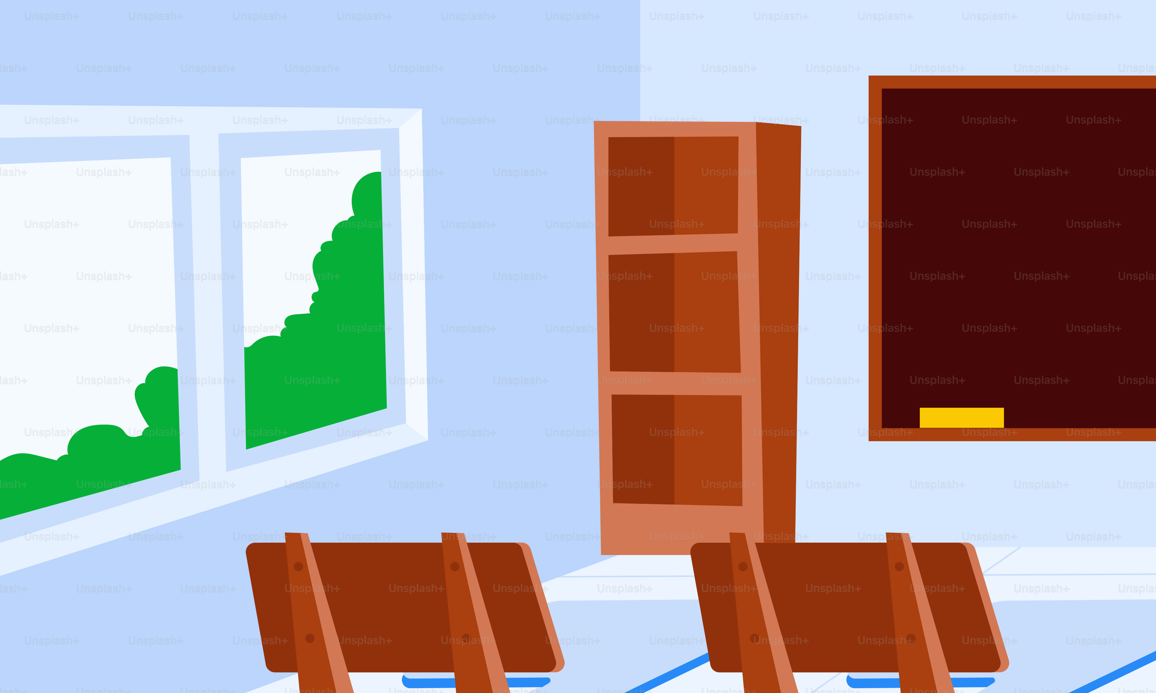 A drawing of a classroom with chairs and a chalkboard