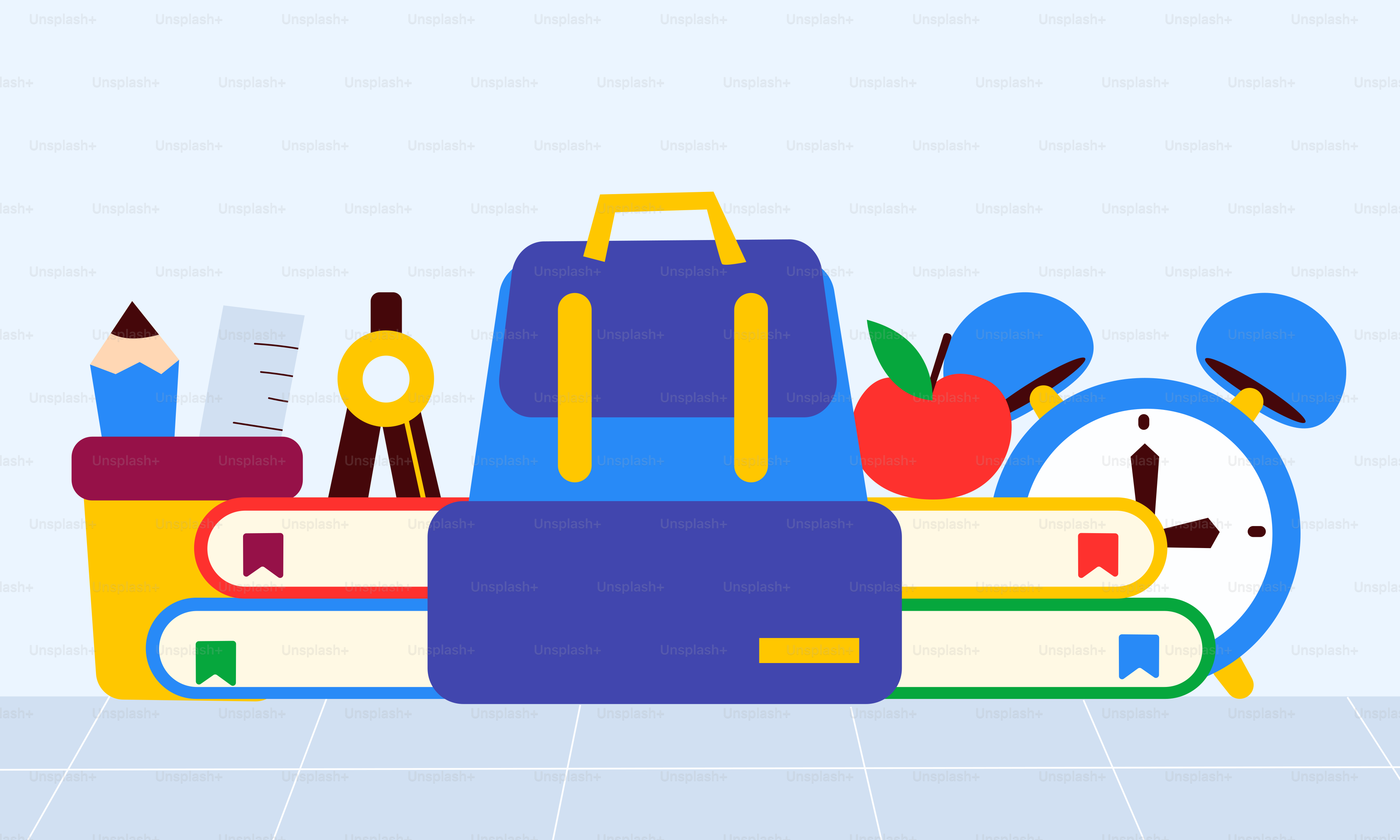 A backpack, books, an apple, a clock, and other school supplies